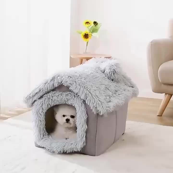 Four-season Comfortable Plush Pet Bed for Cats and Dogs with Removable Non-slip Bottom, Semi-enclosed Cat House