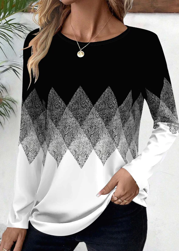 Women's Clothing Digital Positioning Printing Round Neck Long Sleeve Top Female