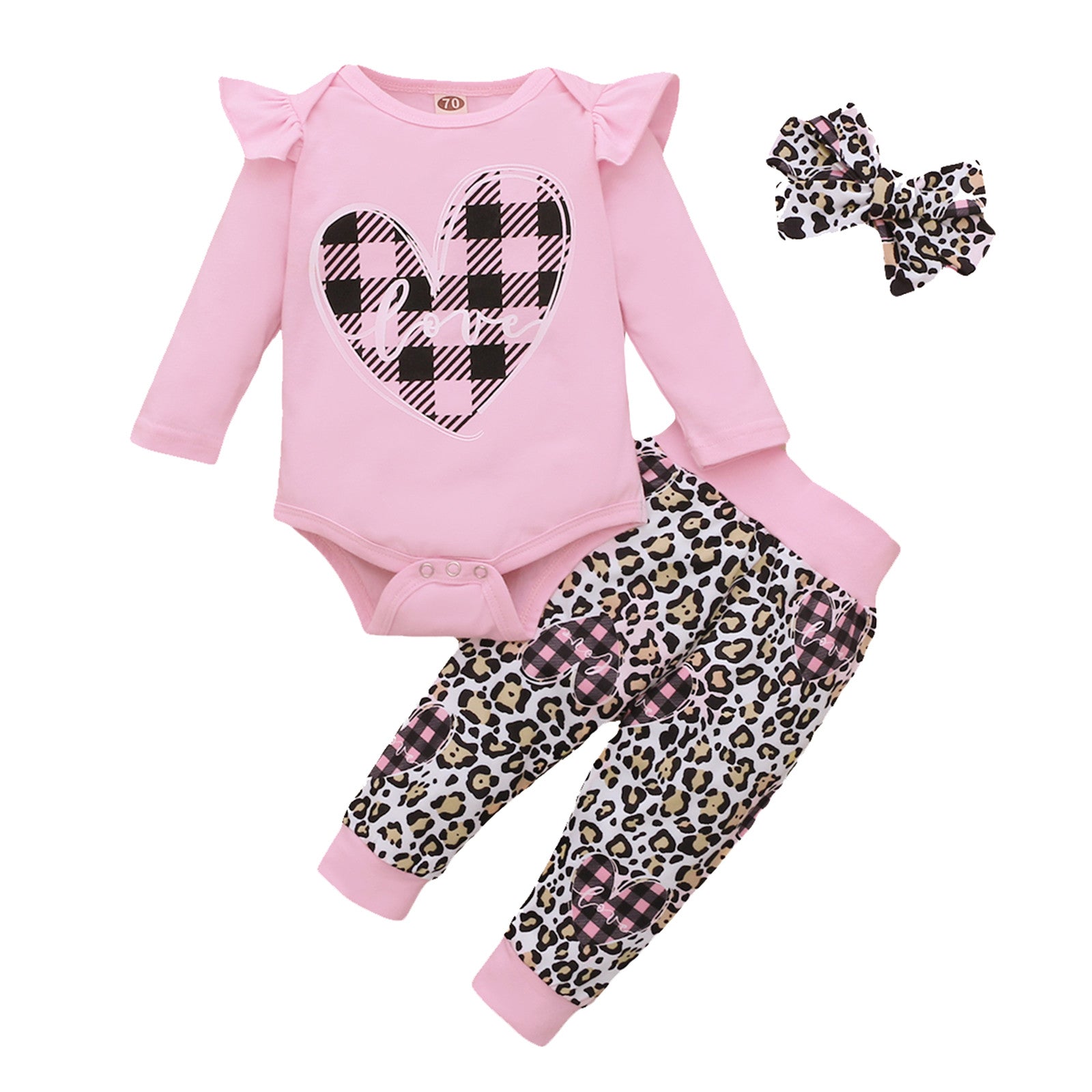 Uublik Girls Clothes Sets: Long Sleeve Casual Valentine's Day Hearts Romper Bodysuit, Leopard Pants, Headbands Outfits