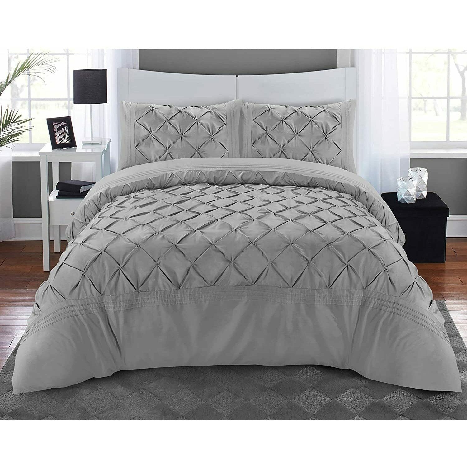 Luxury Pintuck Duvet Cover Set Double King Super King Soft Microfiber Pinch Pleat Bedding Set with Pillowcases White Silver Charcoal Pink