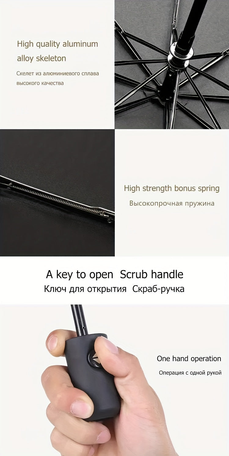 MEI QI LIN Automatic Windproof Folding Umbrella – 8-Rib Business Design, One-Hand Open, Durable Polyester & Iron Ribs, Stylish Travel & Office Umbrella with Sturdy Handle