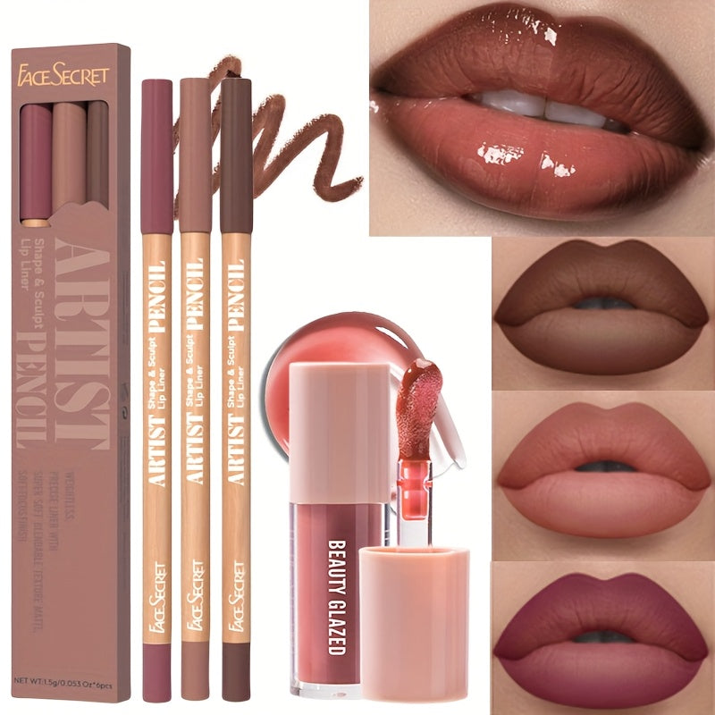 4pack/Set Long Wear High Shine Lip Gloss Combo - Moisturizing Fresh Lightweight Plumping Lip Gloss for Women with Brown Lip Liner Set Non-Sticky Liquid Lipstick