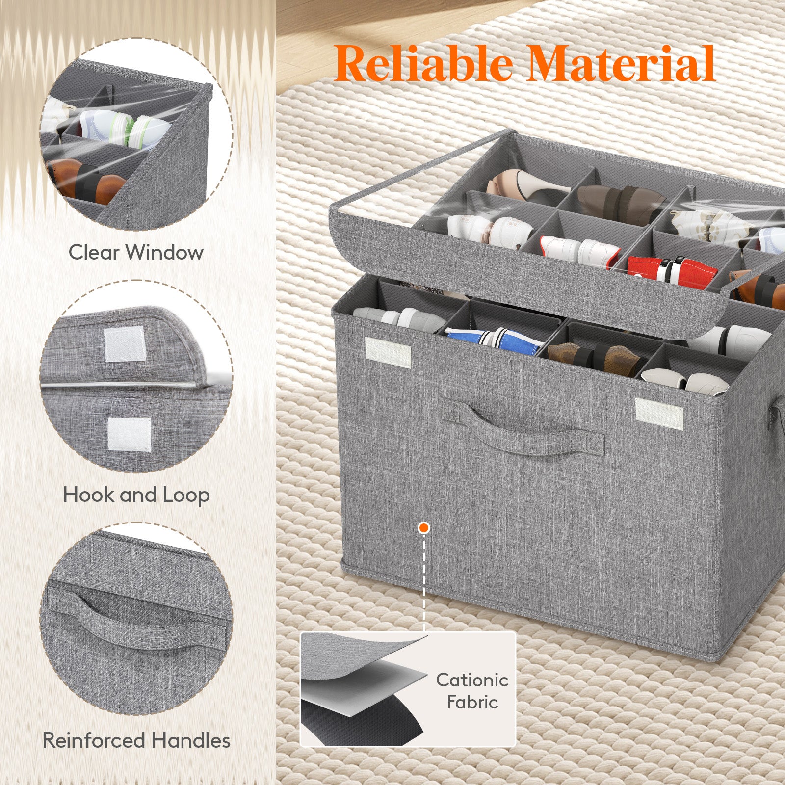 1/2 Pack Shoe Organizer for Closet Foldable Storage Bins with Adjustable Dividers, Clear Cover, and Bottom Support, Fits 16 Pairs of Boots, Heels, and Sneakers