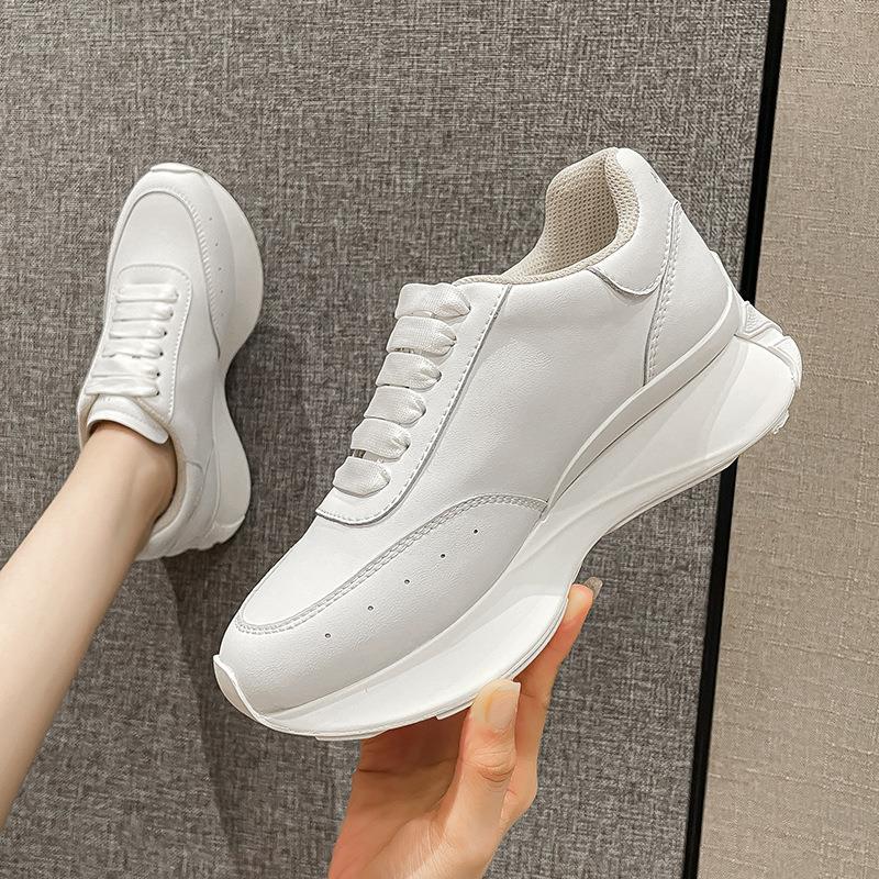 Leather Sports Casual Shoes: White, Four Seasons, Elevated Bottom Women's Shoes