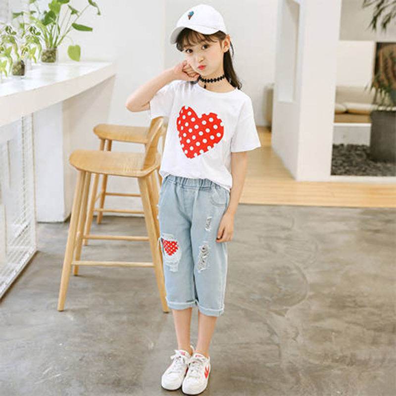 Fashion 2023 Girls Clothes Sets: Summer Short Sleeve T-Shirt + Jeans 2Pcs Children Clothing. Kids Outfits for Teenagers 6, 8, 10, 12 Years