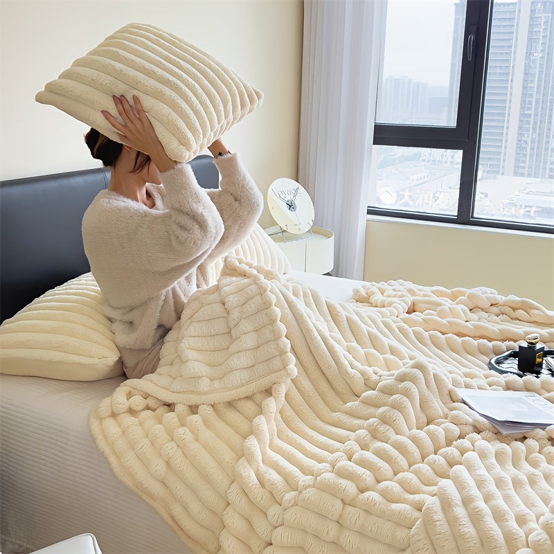 Fleece Throw with Elastic Stripes - Essential for Living Room, Bedroom, Travel, All Four Seasons (Pillowcase and Pillow Core Not Included)