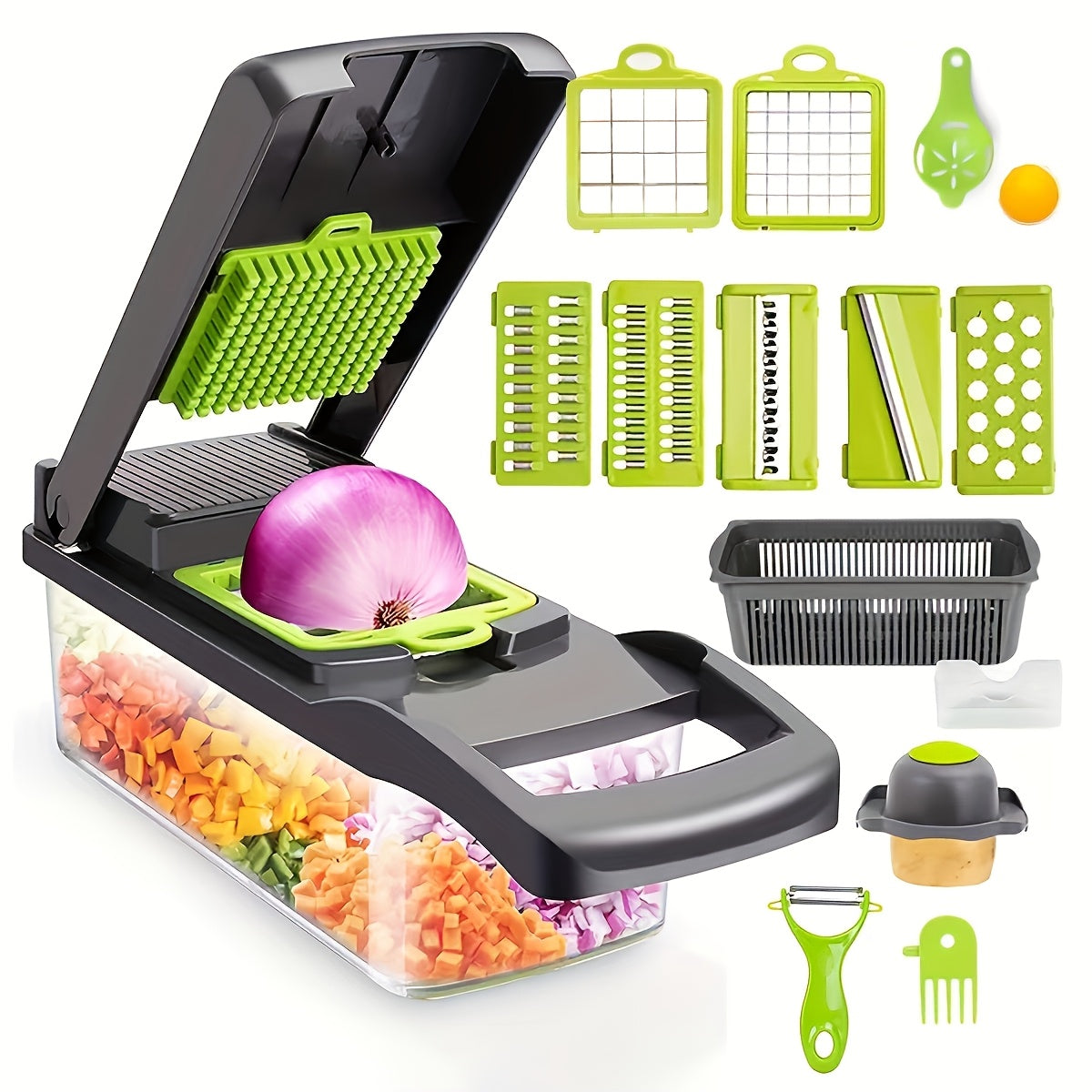 16-in-1 Multifunction Vegetable Chopper – Salad Slicer with Peeler, Mitten & 7 Chopping Blades for Fruits & Veggies