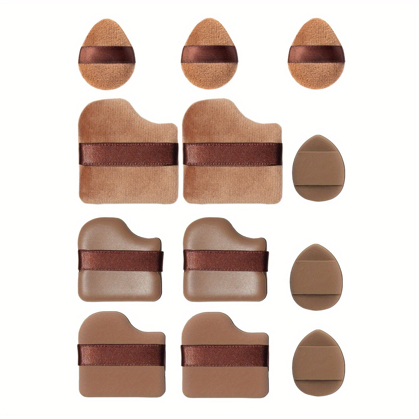 All-in-one 12pack/8pack makeup sponge set, consisting of 3 loose powder puffs, 3 mini air cushion puffs, 3 makeup sponges and 3 mini makeup sponges /or makeup puff& brush 8pcs set. Does not contain latex, does not easily eat