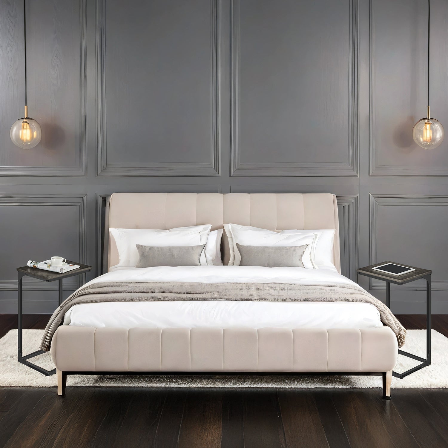 C-Shaped End Tables, Set of 2, Sides Table for Sofa, Small TV Tray Tables for Living Room, Bedroom, Ebonized Oak Finish and Black