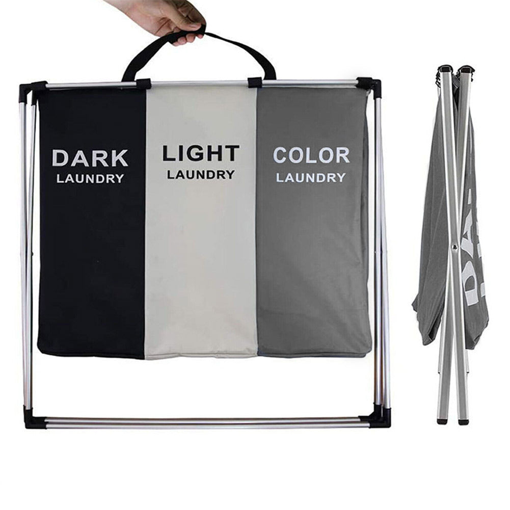 1Pack Foldable & Washable Washing Basket 3 Compartments, Stainless Steel Holder, Dirty Laundry Bag with Handle, Large Laundry Sorter Laundry Basket with Aluminum Bracket and Handle for Laundry Room, Bedroom 66*38*58cm