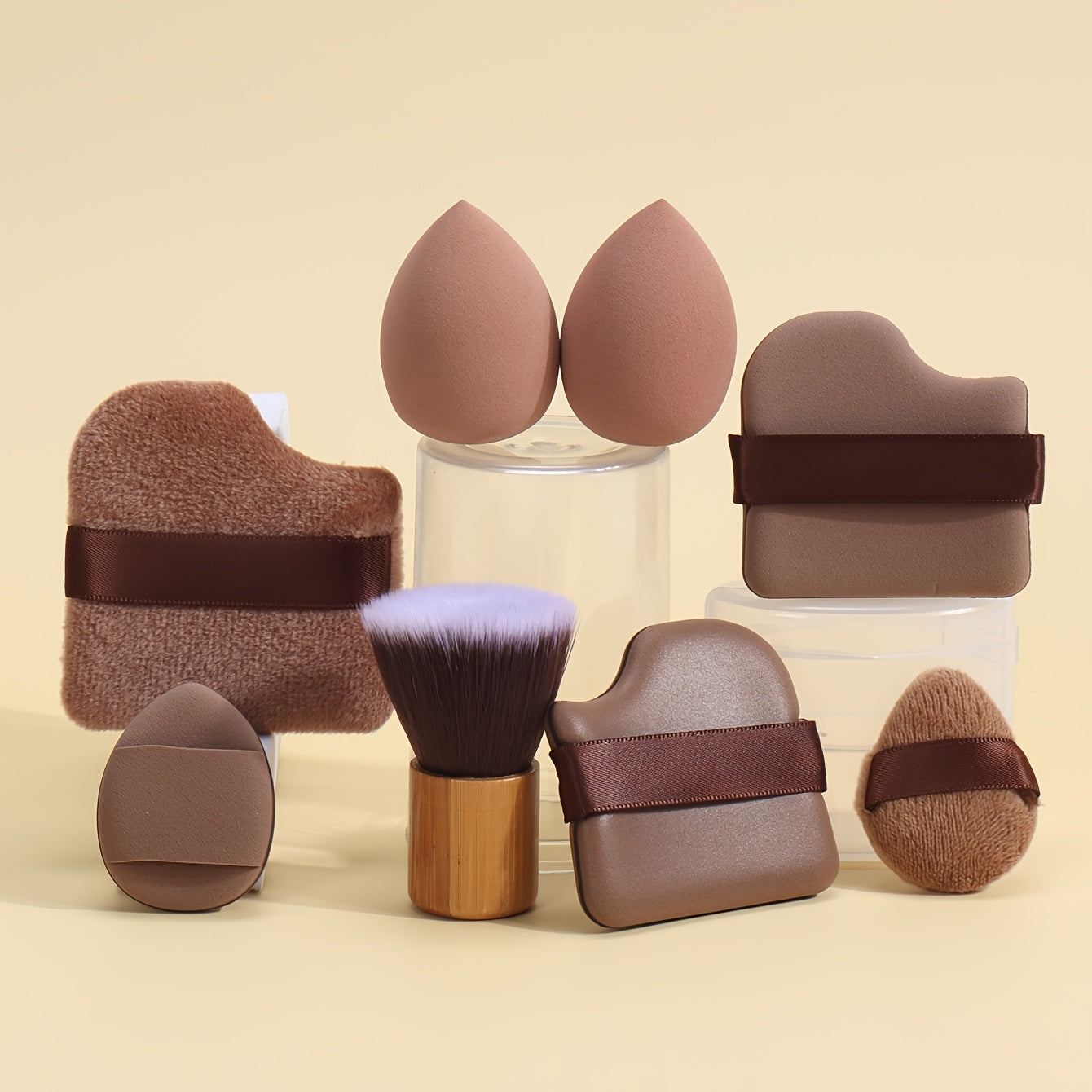 All-in-one 12pack/8pack makeup sponge set, consisting of 3 loose powder puffs, 3 mini air cushion puffs, 3 makeup sponges and 3 mini makeup sponges /or makeup puff& brush 8pcs set. Does not contain latex, does not easily eat