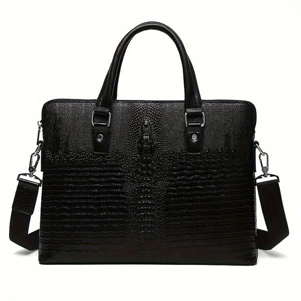 Men's Crocodile Pattern Briefcase - Stylish Business & Commuter Bag with Laptop Compartment, Adjustable Shoulder Strap, and Zipper Closure, Black, Laptop Carrying Case