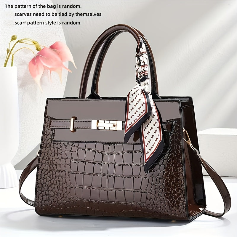 CHROSGEKEIDI Women's Luxury Crocodile-Texture Handbag - Adjustable Crossbody/Shoulder Strap, Golden-Tone Hardware, Zipper Closure, Structured Tote - Elegant Black Purse for Work, Travel, Everyday Use - Durable & Versatile Des