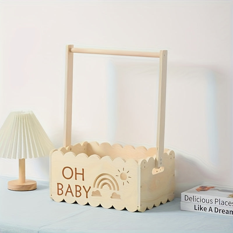 1-Pack Wood Baby Blessing Box - White Keepsake Chest with "Oh Baby" Sign, Sun & Rainbow Cutouts, Leafy Topper & Labeled Hanger Hole for Newborn Showers, Christening Decorations, Gender-Neutral Gift