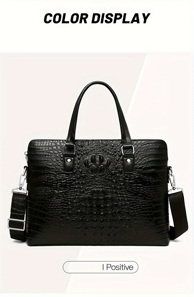 Men's Crocodile Pattern Briefcase - Stylish Business & Commuter Bag with Laptop Compartment, Adjustable Shoulder Strap, and Zipper Closure, Black, Laptop Carrying Case