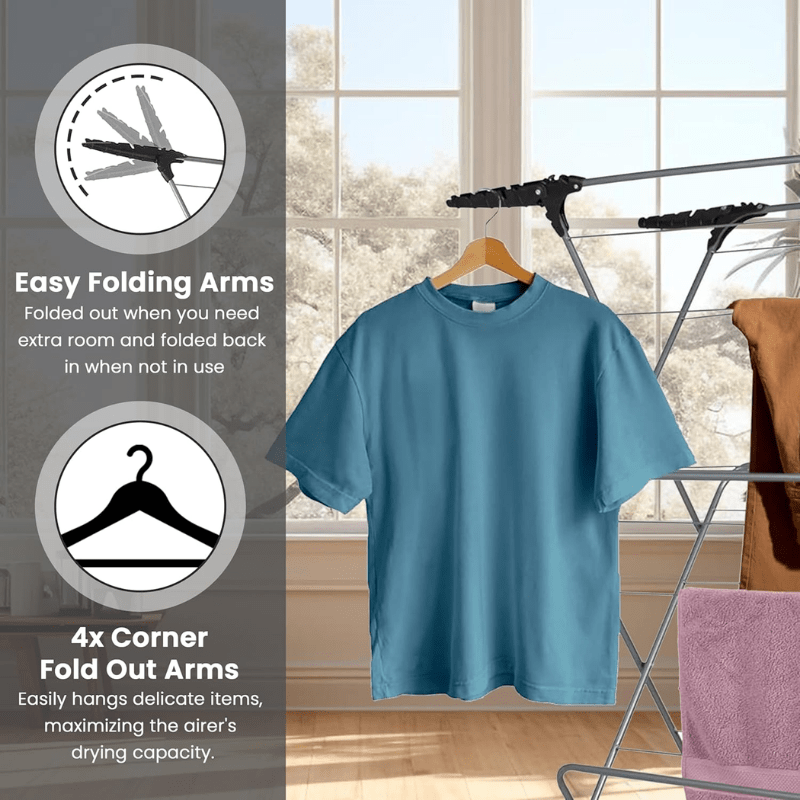 Foldable 3 Tier Airer with Wings Collapsible Arms for Hangers, 15m Clothes Drying Airer Laundry Rack Portable Indoor & Outdoor Free Standing Airer, Non Slip Feet with Hanging Option Space Saving Wash Line 5.5cm Folded, Grey