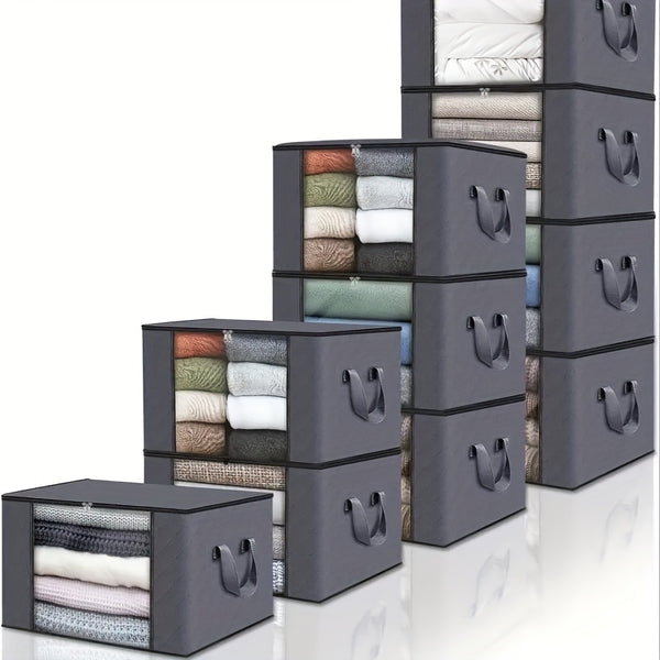 Set of 10 Storage Items for Clothing, Including Folded Blankets, Designed for Organizing Bedrooms, Closets, Clothes, And Quilts, Featuring Handles And Straps, in Gray Color, Suitable for Under-Bed Storage.