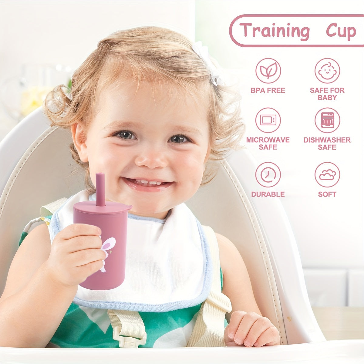 BPA-Free Spill-Resistant Silicone Training Cup with Straw – 6oz Toddler Learning Cup, Microwave Safe, Easy-Grip Design for First Sips & Outdoor Use (5" x 2.4")