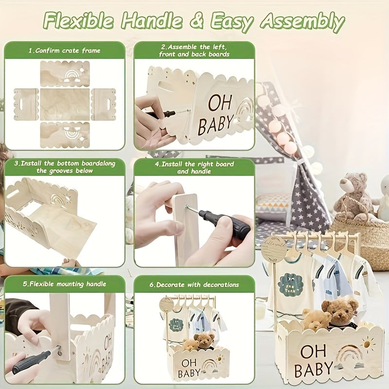 1-Pack Wood Baby Blessing Box - White Keepsake Chest with "Oh Baby" Sign, Sun & Rainbow Cutouts, Leafy Topper & Labeled Hanger Hole for Newborn Showers, Christening Decorations, Gender-Neutral Gift