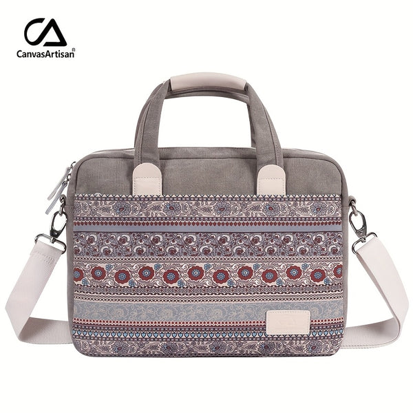 Canvas Artisan Shockproof Laptop Briefcase - Gray Canvas with Colorful Mandala Pattern, Adjustable & Detachable Shoulder Strap, Zip Closure, Polyester Lined for Business, Travel & Daily Commute, Laptop Bag