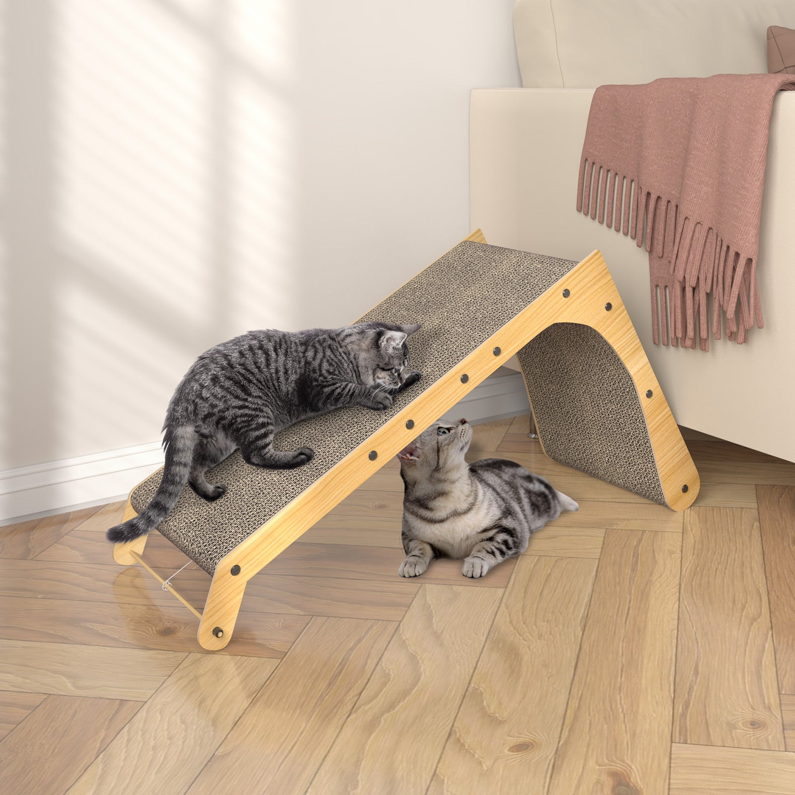 L-Shaped Cat Scratcher Cardboard Cat Scratching Post with Ball, Sofa Protector for Indoor Cats, Durable Corrugated Cat Scratch Board for Kittens & Adult Cats