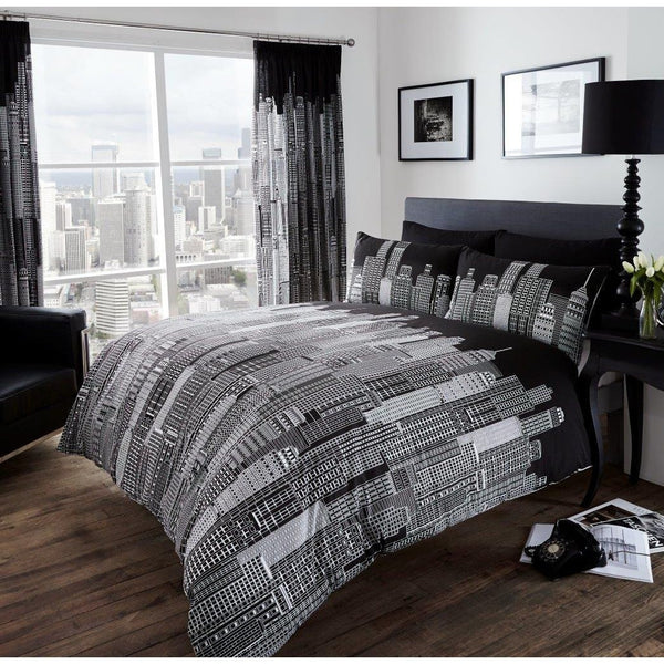 GC GAVENO CAVAILIA Urban Skyline Reversible Duvet Cover Set | Modern Cityscape Quilt Cover for Double & King Beds | 2 Pillowcases Included | Soft, Durable Poly-Cotton Bed Set | 50% Cotton, 50% Polyester | Machine Washable, Cr