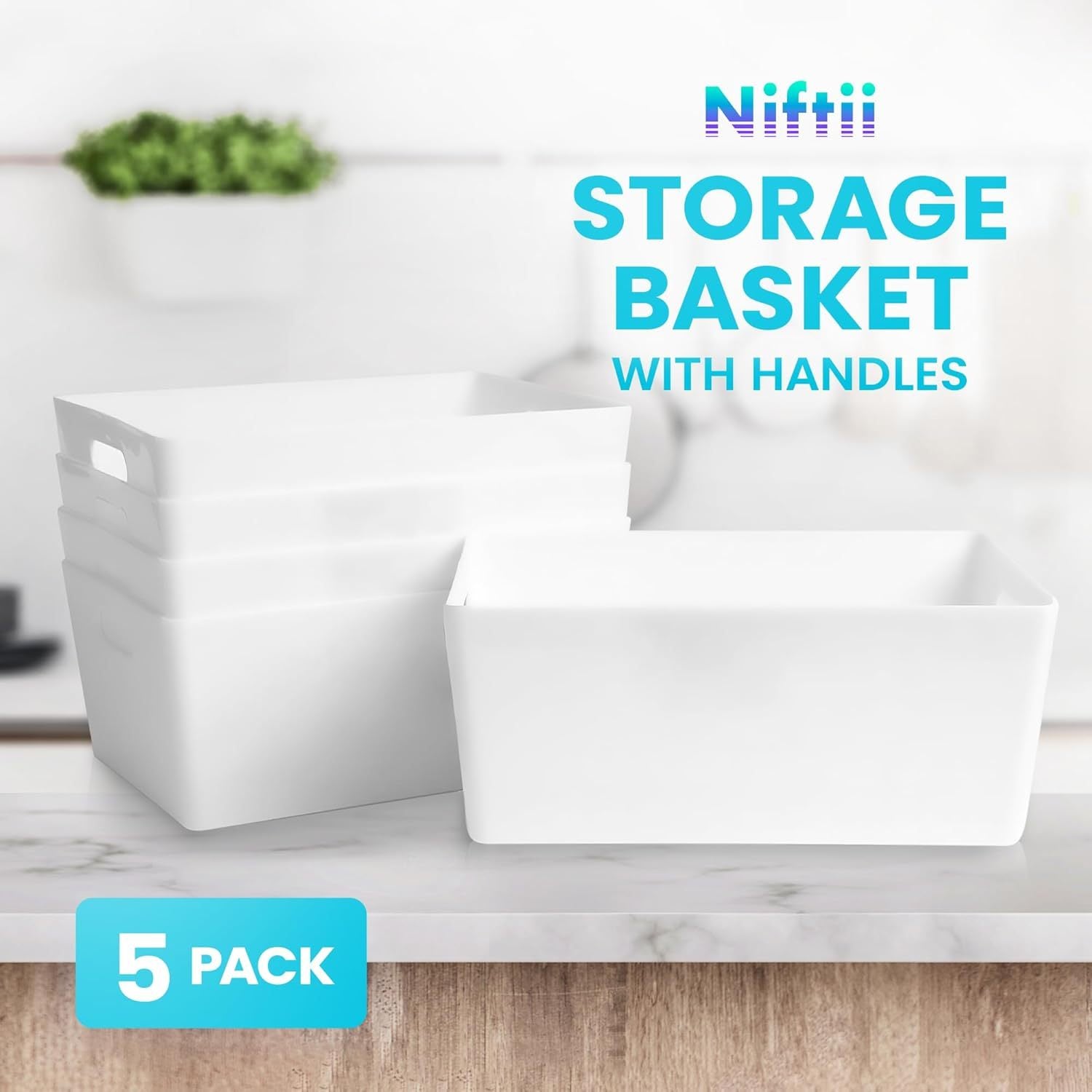 Niftii 5-Pack Plastic Storage Baskets with Sturdy Handles, Lightweight & Durable Design, Ideal for Kitchen, Bathroom, and Cleaning Organisation, 3.9L Capacity, 17 x 25 x 11cm