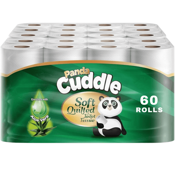 Panda Cuddle 60pk Toilet Rolls Aloe Vera Scented 3-Ply Soft Quilted Toilet Tissue - (12 x 5, Total 60 Rolls) Soft, Fresh & Luxurious Comfort