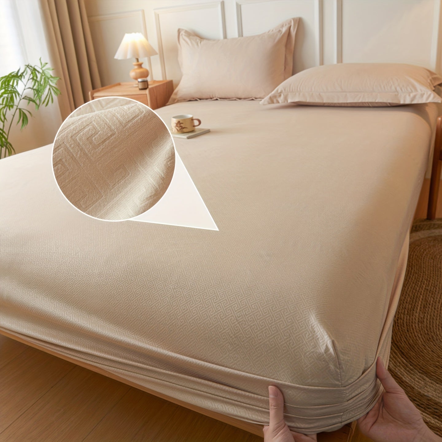 Simple Style Full Wrap Fitted Sheet Mattress Protector Cover, Light Beige-Friendly Comfortable Embossed Design, Non-Slip Fixed Positioning All-Season Machine Washable Without Pillowcase or Cushion