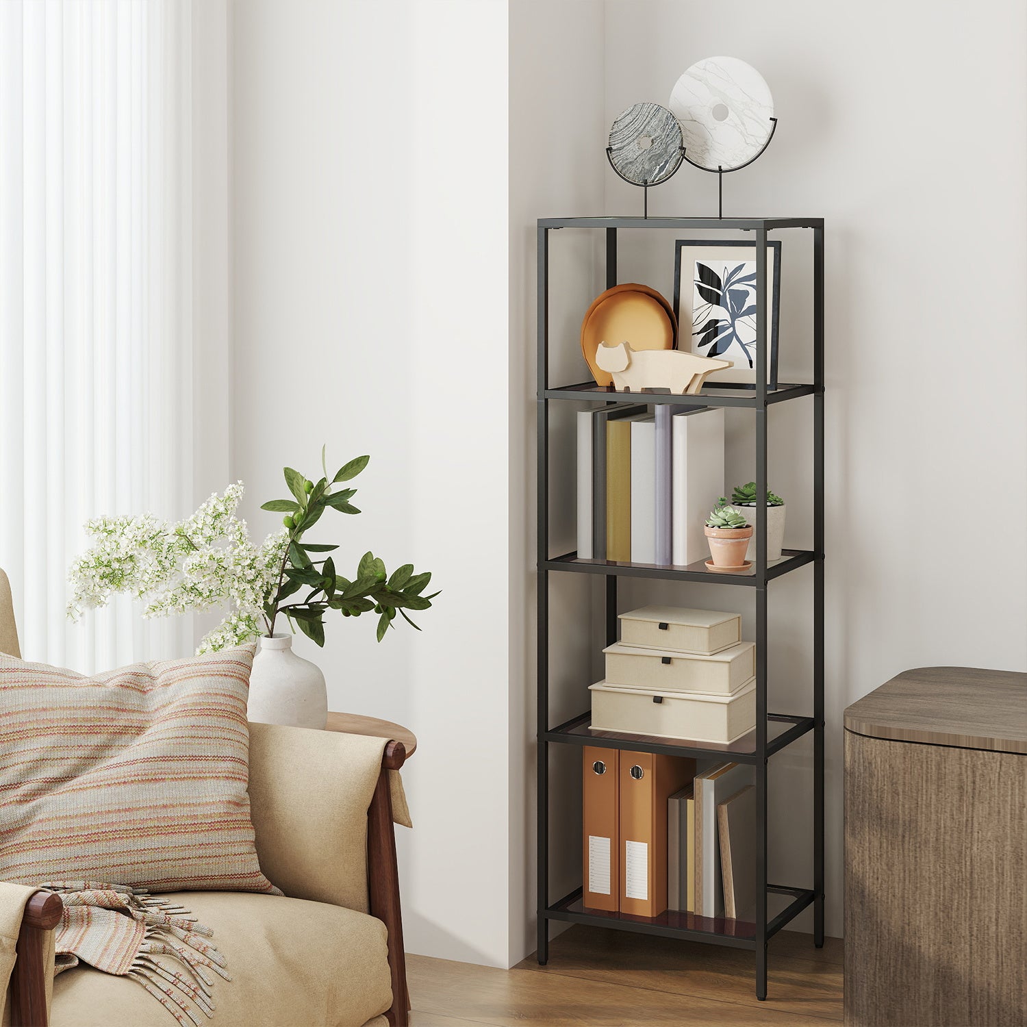 5-Tier Glass Shelf, Bookshelf, Storage Rack, Tempered Glass, Easy Assembly, Bathroom, Living Room, Black