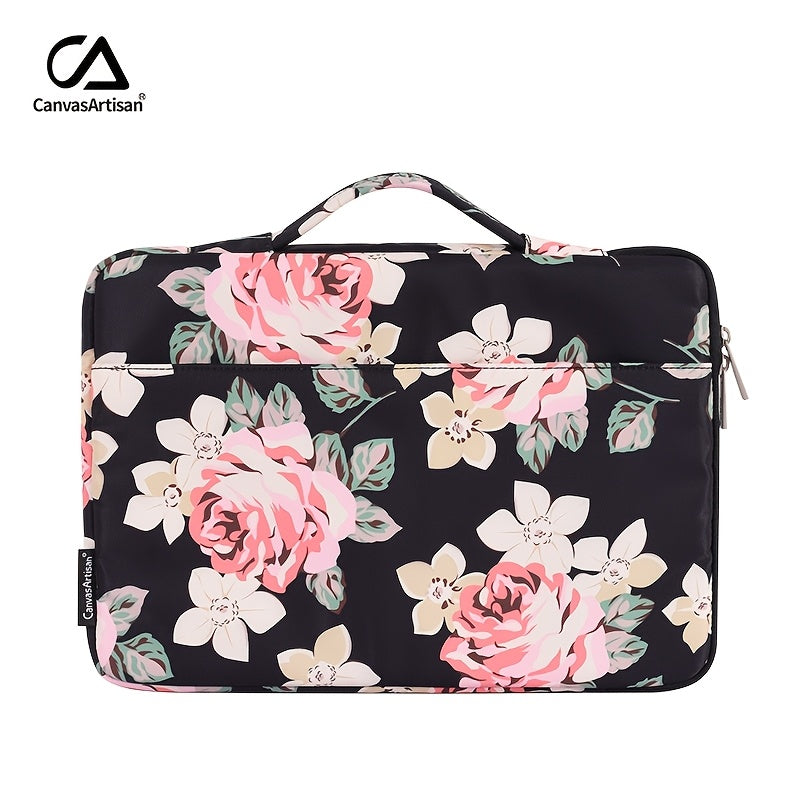 Canvas Artisan Floral Laptop Sleeve Case - Shockproof, Hand-Held Briefcase with Zipper Closure for MacBook, Acer, and More - Stylish Gray with Pink & Black Floral Design, Lightweight & Durable for Daily Commute, Vacation, or
