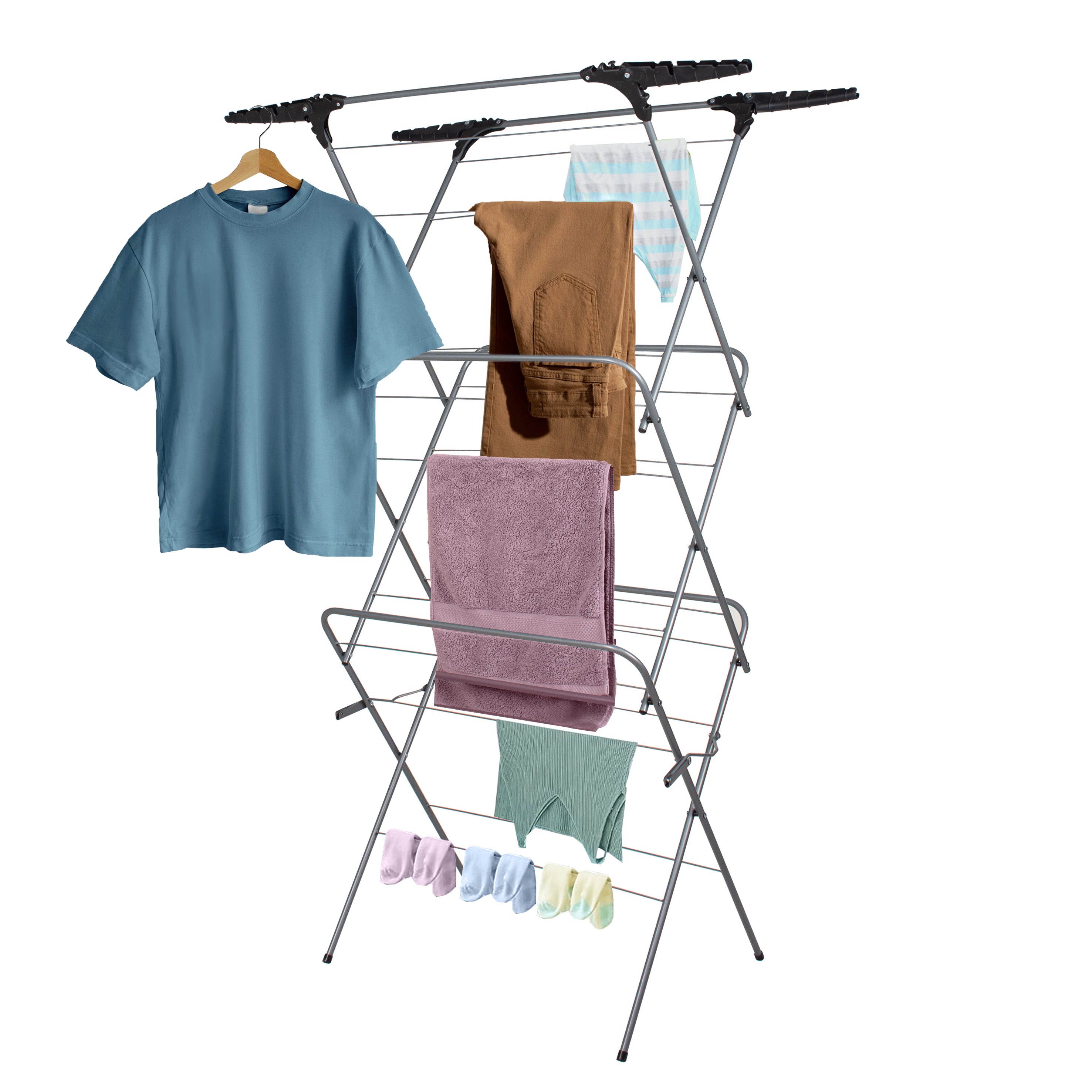 Foldable 3 Tier Airer with Wings Collapsible Arms for Hangers, 15m Clothes Drying Airer Laundry Rack Portable Indoor & Outdoor Free Standing Airer, Non Slip Feet with Hanging Option Space Saving Wash Line 5.5cm Folded, Grey