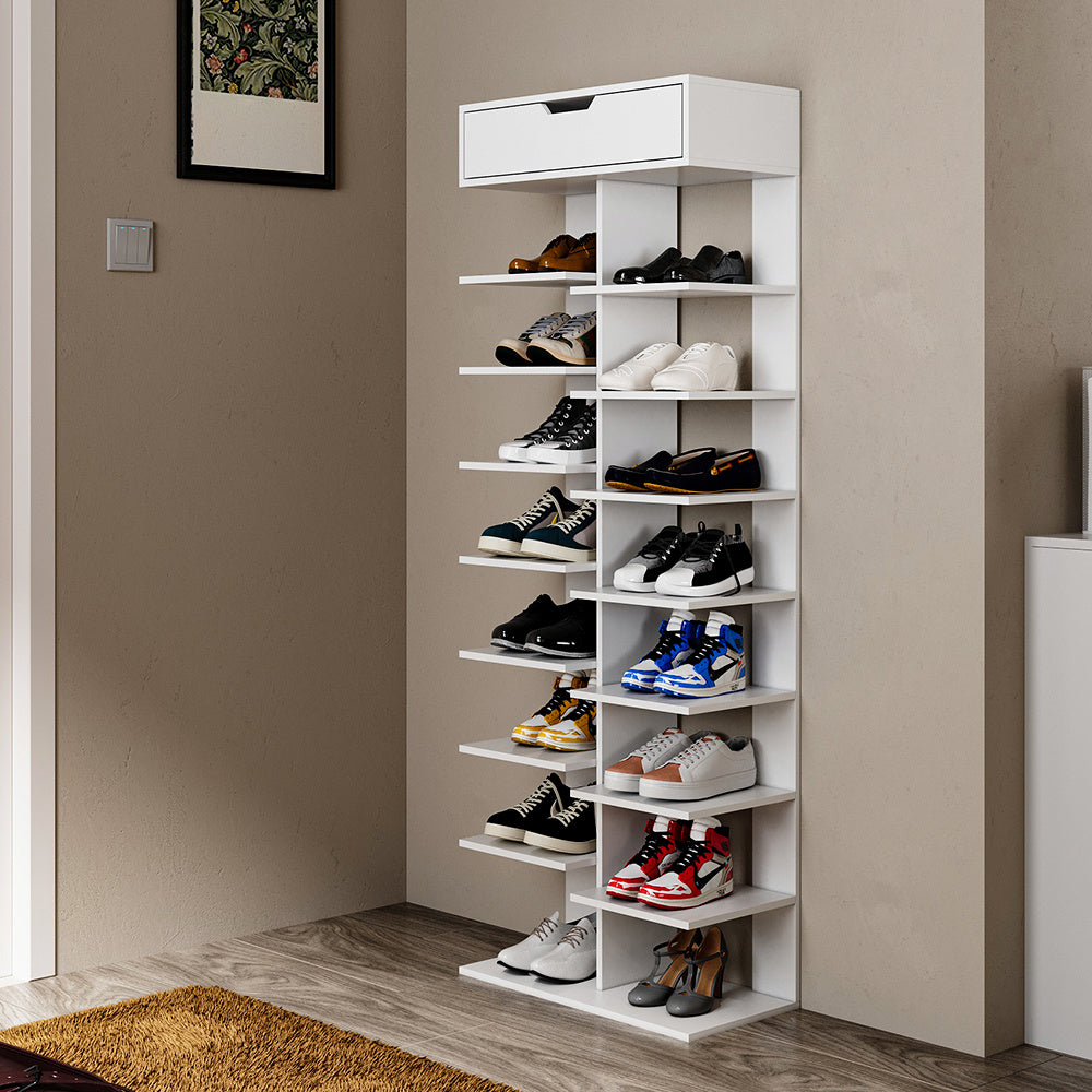 9 Tiers Wooden Shoe Rack, Vertical Slim Shoe Storage Rack Organizer Shoe Stand Shelf, Free Standing Storage Shoe Cupboard with 1 Big Drawer, Space Saving Narrow Shoes Storage Tower Shoe Holder Organizer Unit for Living Room,