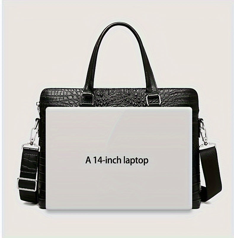 Men's Crocodile Pattern Briefcase - Stylish Business & Commuter Bag with Laptop Compartment, Adjustable Shoulder Strap, and Zipper Closure, Black, Laptop Carrying Case