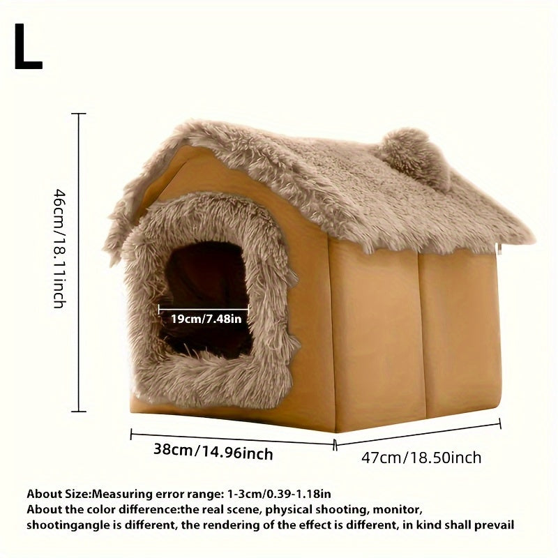 Four-season Comfortable Plush Pet Bed for Cats and Dogs with Removable Non-slip Bottom, Semi-enclosed Cat House