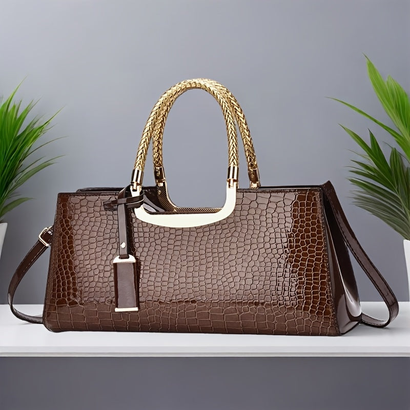 Elegant Evening Clutch, Made of Crocodile-Patterned with Golden Hardware And a Detachable Shoulder Strap - a Stylish Handbag for Parties, Weddings, And Formal Events, Luxurious Women'S Bag with a Glossy Stone-Textured Crocodi