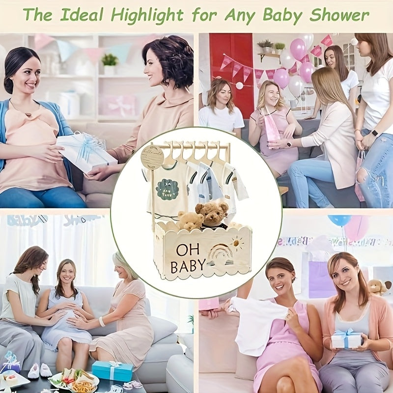 1-Pack Wood Baby Blessing Box - White Keepsake Chest with "Oh Baby" Sign, Sun & Rainbow Cutouts, Leafy Topper & Labeled Hanger Hole for Newborn Showers, Christening Decorations, Gender-Neutral Gift