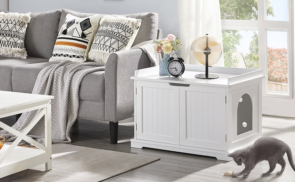 Costoffs Pet Litter Box Wooden Storage Bench Side Table with Double Doors for Cat, Decorative Cat Litter Box Hidden Bathroom