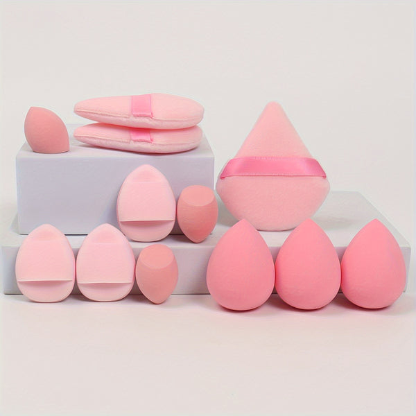 All-in-one 12pack/8pack makeup sponge set, consisting of 3 loose powder puffs, 3 mini air cushion puffs, 3 makeup sponges and 3 mini makeup sponges /or makeup puff& brush 8pcs set. Does not contain latex, does not easily eat