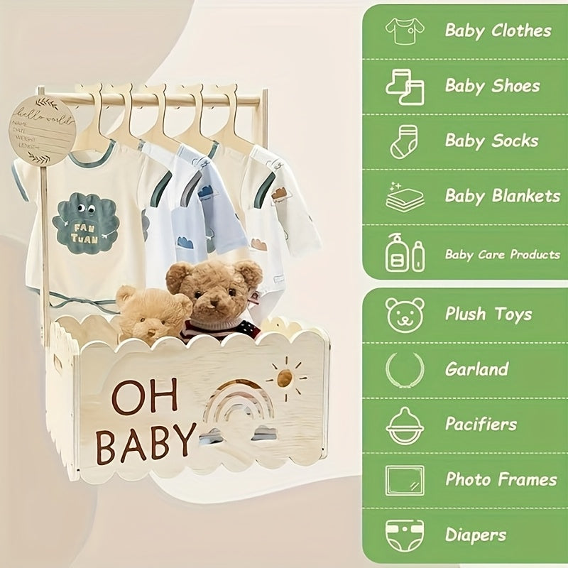 1-Pack Wood Baby Blessing Box - White Keepsake Chest with "Oh Baby" Sign, Sun & Rainbow Cutouts, Leafy Topper & Labeled Hanger Hole for Newborn Showers, Christening Decorations, Gender-Neutral Gift