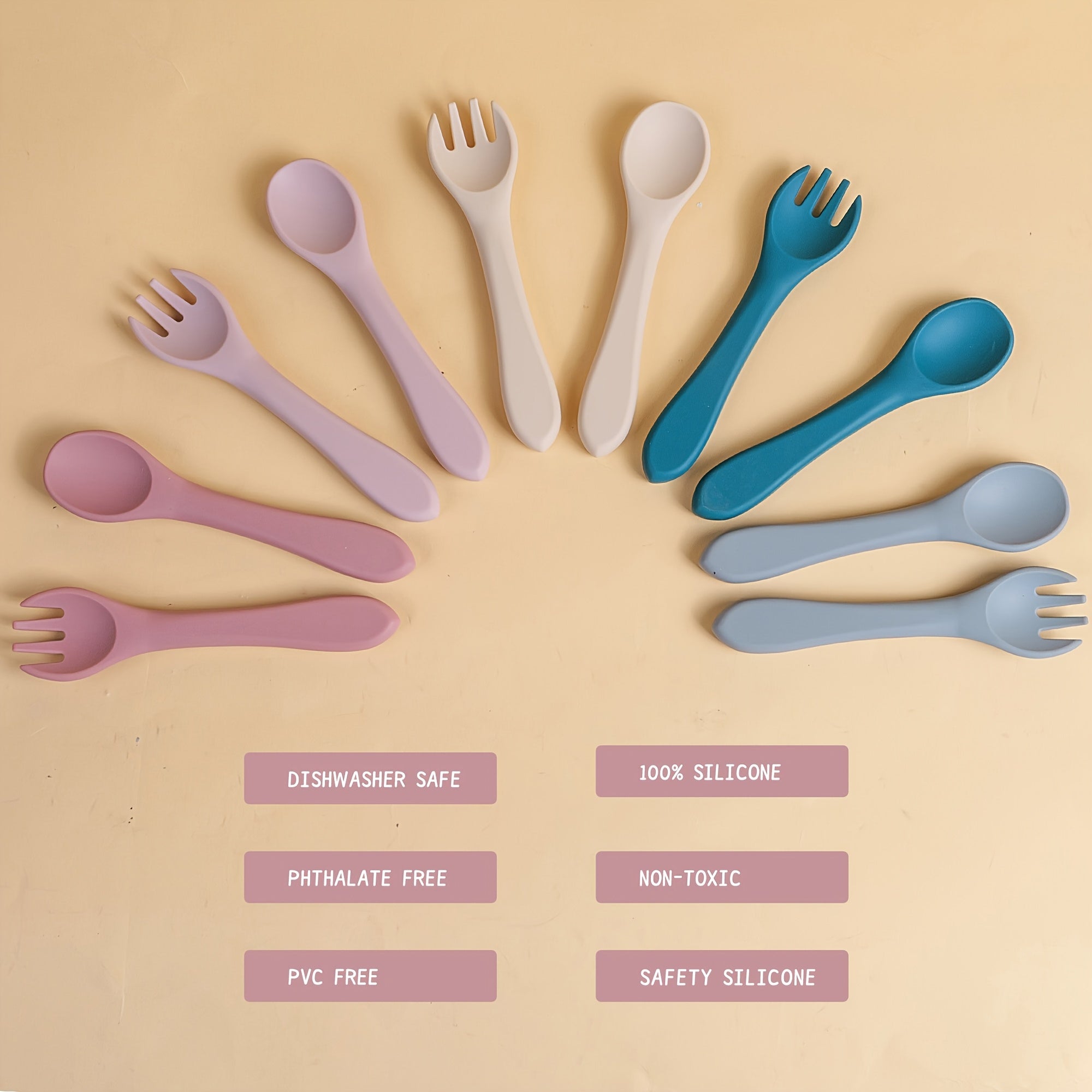 TYRY.HU Customizable Baby Fork and Scoop Sets, 100% Silicone, BPA FREE, Toddler Baby Led Weaning Silverware Cutlery Flatware, Kids First Self Feeding, with Blue, Beige, Space Gray, Deep Pink, Green and Pink Options, for Newbo