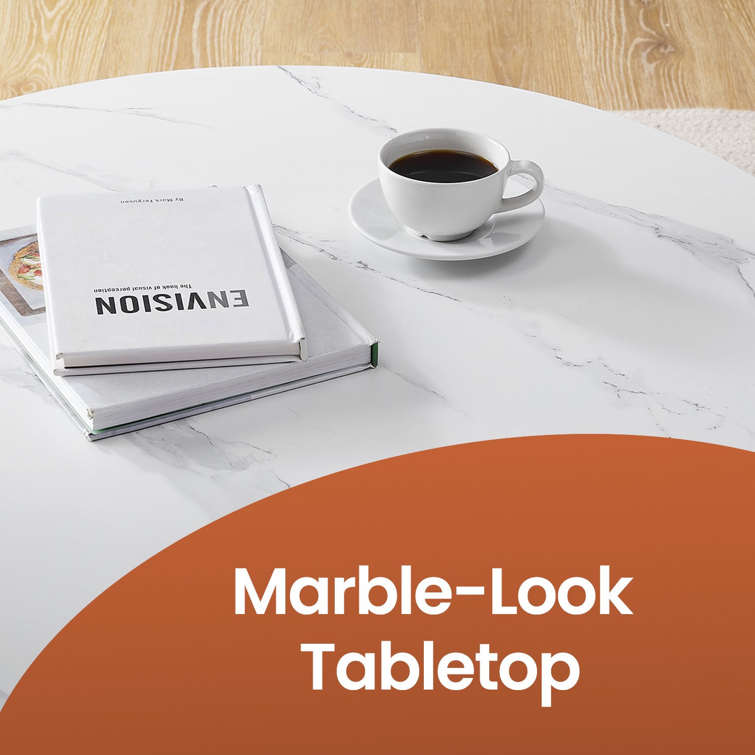 Coffee Table, Living Room Table, Sofa Cocktail Table Faux Marble Round, Tempered Glass Storage Shelf, Easy to Assemble, Modern Style, for Living Room, Marble