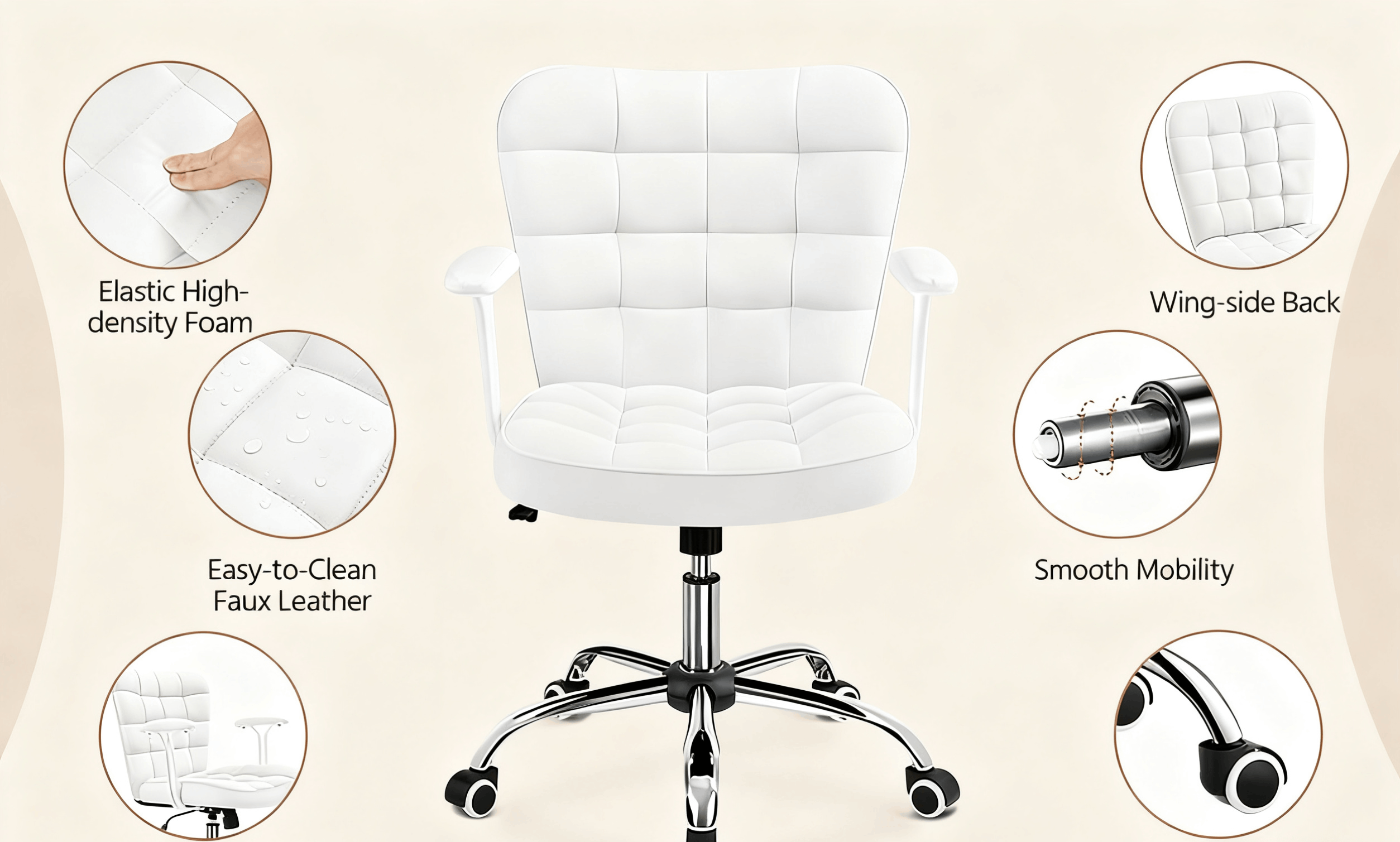 Costoffs Desk Chair, Mid Back PU Leather Office Chair with Padded Arms & Adjustable Seat Height, Modern Faux Leather Swivel Vanity Chair, Upholstered Computer Chair with 360° Swivel Vanity Chair for Home Office Workers, Remo