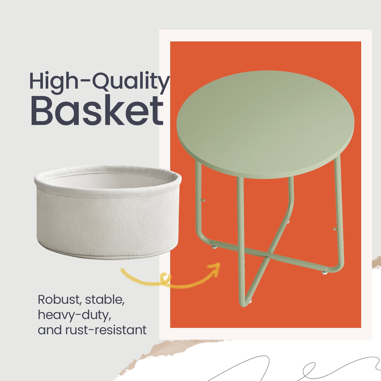 Side Table, Round End Table with Fabric Basket, for Living Room Bedroom, Bedside Table, Modern Style,Cream White,Laurel Green,Jelly Pink,Cement Grey,Ebony Black,Various colors