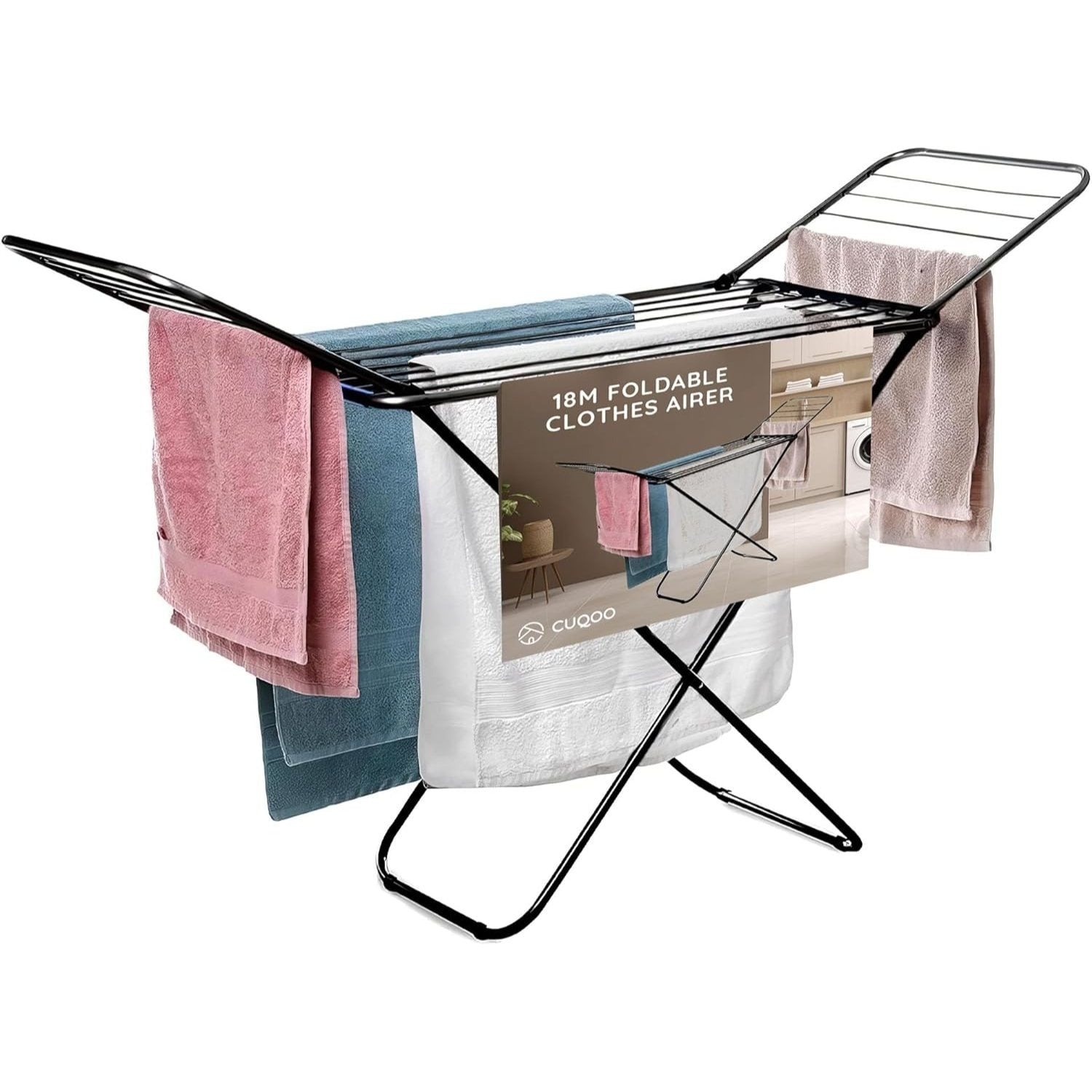 CUQOO Foldable Airer - Compact Clothes Drying Rack, Winged Heavy Duty Indoor Airer, Outdoor Clothing Drying Rack w/ 22 Bars, Large Premium Stainless Steel Laundry Clothes Horse