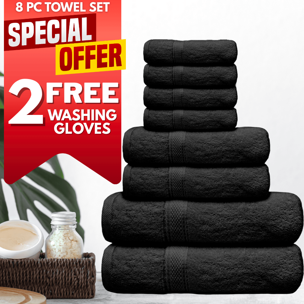 8Pack Towel Set+2 Washing Gloves Free Gift 500 GSM - 2 Bath Towels, 2 Hand Towels 4 Washcloths and 2 Washing Gloves 100% Cotton Hotel Quality Family Pack Towel Bale Set Highly Absorbent