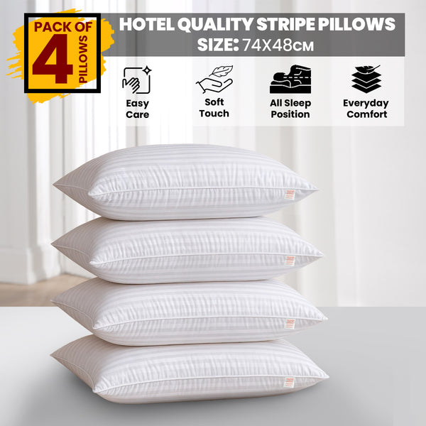 4 Pack Hotel Quality Stripe Pillows | Soft Touch Bed Pillows | Size 74x48 cm | Everyday Comfort for All Sleep Positions | Extra Filled for Plush Comfort | Durable Supportive Fill | Ideal for Home & Guest Rooms | Fast Shipping