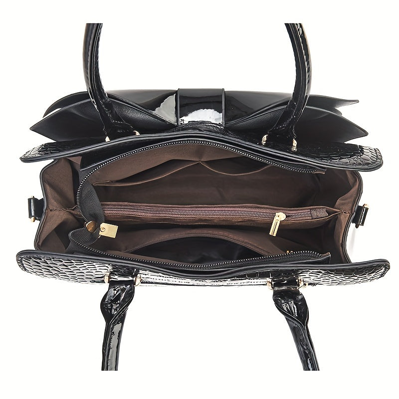 Gift for Mom Large Capacity Tote Bag with Crocodile Pattern and Bow Simple Fashion Women's Purse Thanksgiving Gift