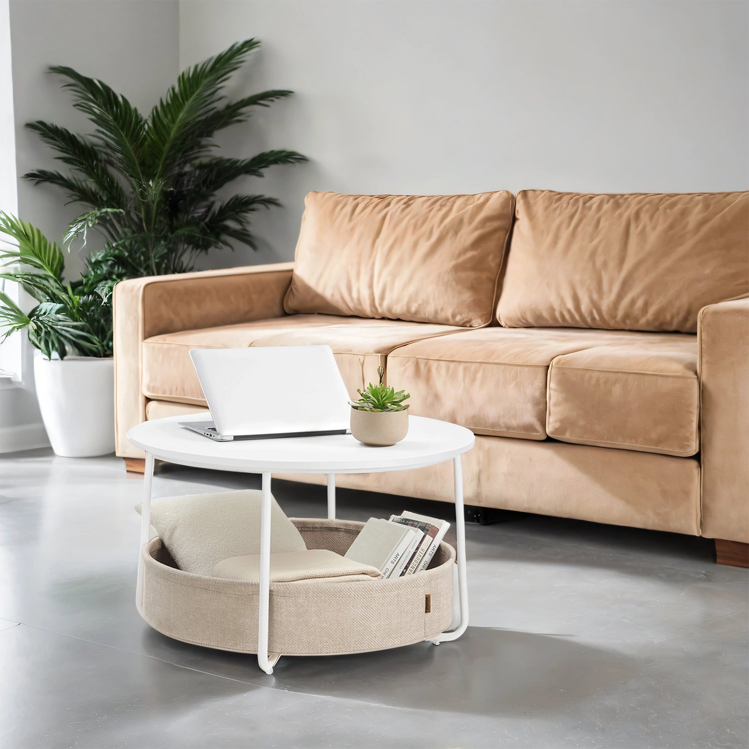 Coffee Table with Storage, Round Center Table with Fabric Basket, Modern Style, White and Brown