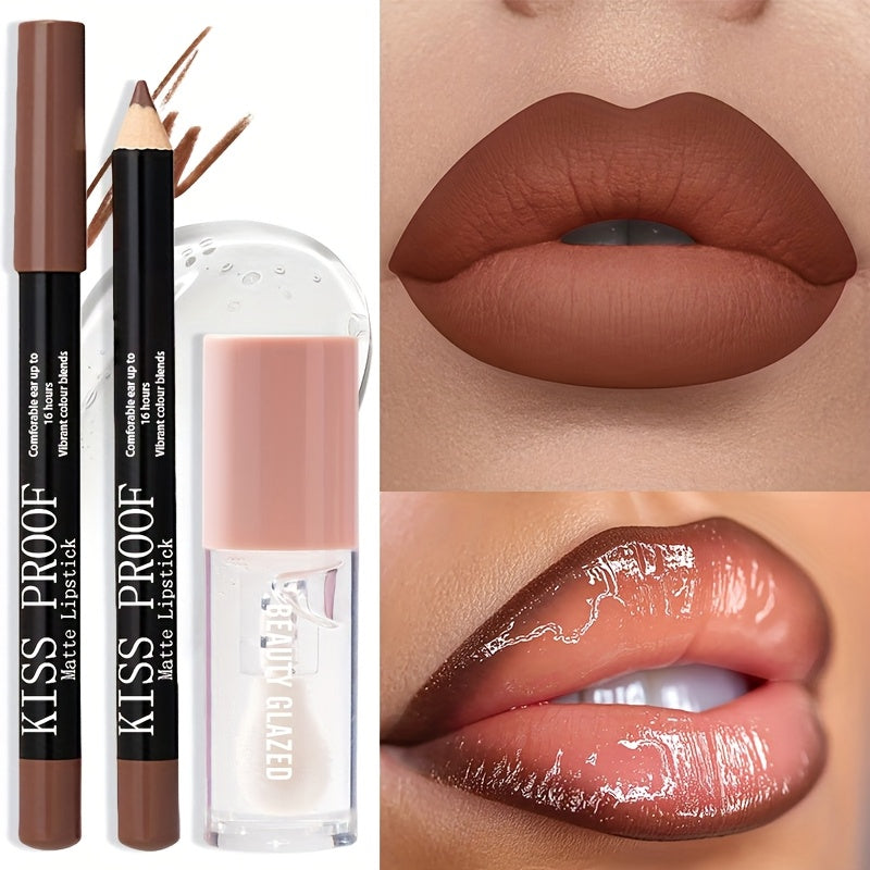 2pack BEAUTY GLAZED Waterproof Lip Liner & Lip Glaze Set - Long-Lasting Matte Lip Makeup Combo, Nude Brown/Pink/Deep Red Shades, Moisturizing Lip Pencil & Glossy-Free Lipstick for All Beige Types, All-Day Wear for Sensitive L